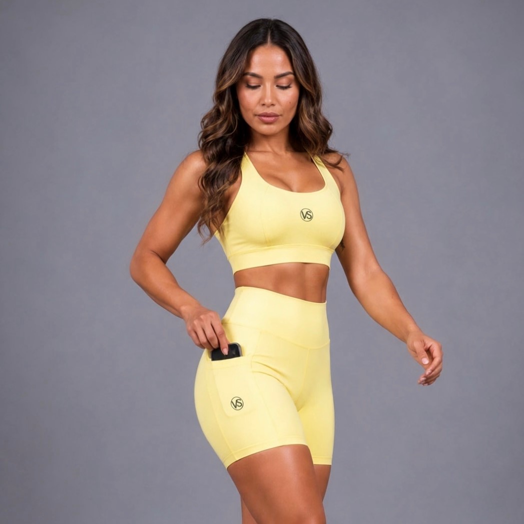 Conjunto Feminino Fitness top short Bolso lateral Detalhe costas cintura alta Zero transparência